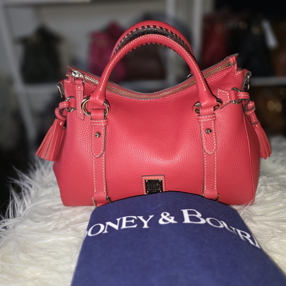 Dooney & Bourke Coral-Red Pebbled Leather Satchel with Tassel - Picture 7 of 9
